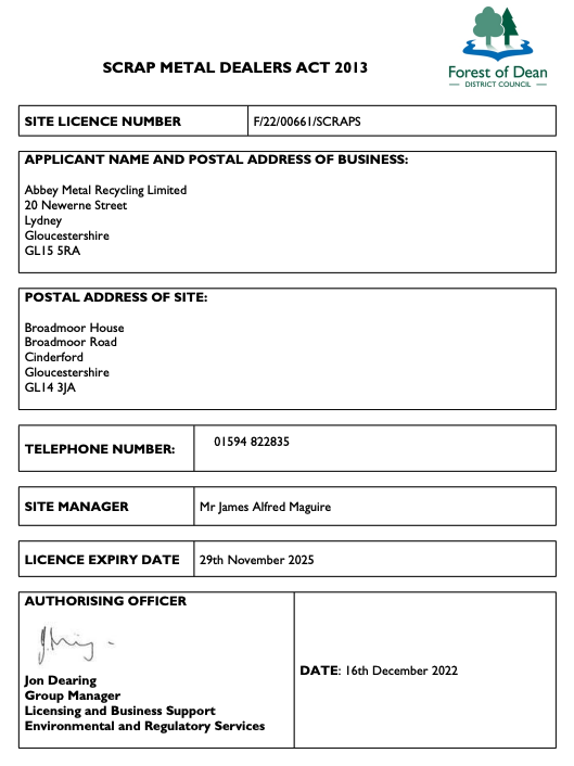 Abbey Metal Recycling Licences